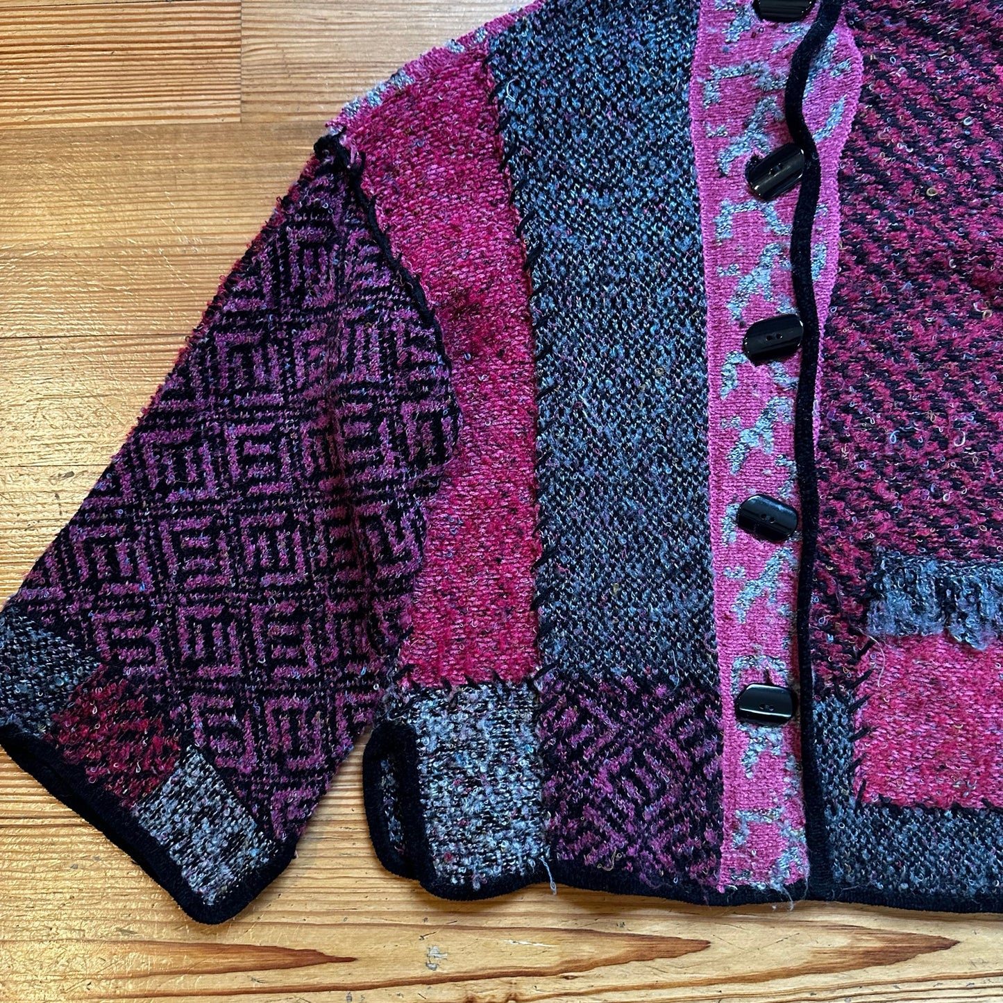Curio vintage pink black oversized patchwork mock neck cardigan sweater SIZE S