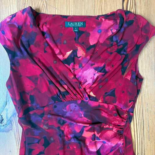 Ralph Lauren pink red floral cap sleeve ruched waist womens dress SIZE 4