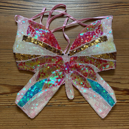 Shein pink blue sequin butterfly open tie back top SIZE S