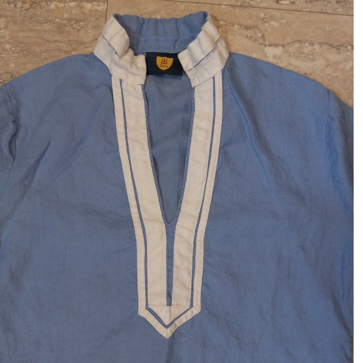 Guru New York blue white trim linen 3/4 sleeve tunic dress SIZE M