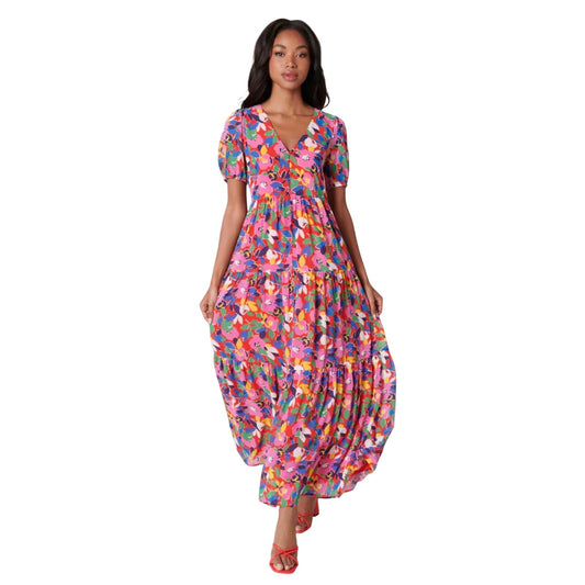 Sugar Lips Monaco red colorful floral tiered maxi dress SIZE XS