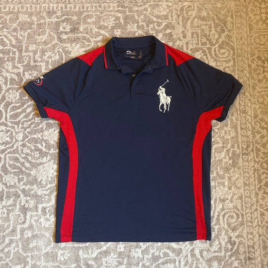 Ralph Lauren US Open 06' navy blue red short sleeve mens snap polo shirt SIZE L