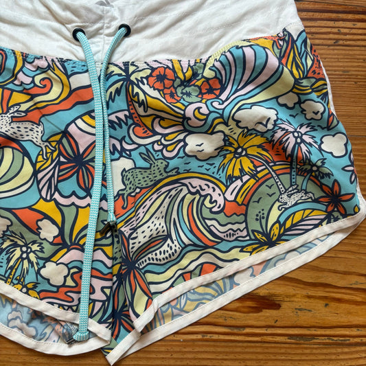 Rabbit colorful floral abstract pattern lined surf womens swim shorts SIZE S