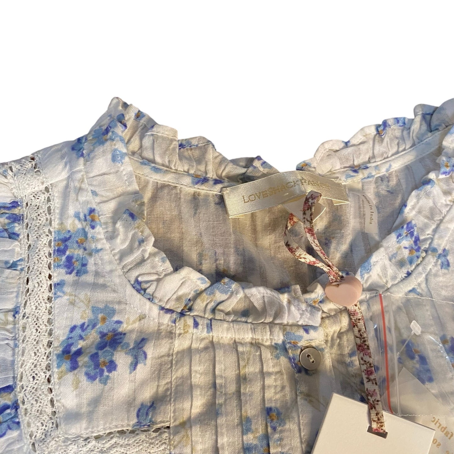 NWT LoveShackFancy white blue cottage ruffle long sleeve cropped shirt SIZE 12