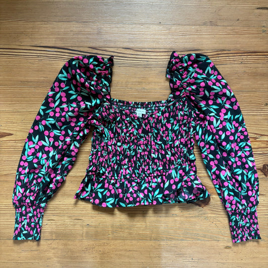 Topshop Cherry Print Smocked Long Sleeve square neck blouse shirt SIZE 8