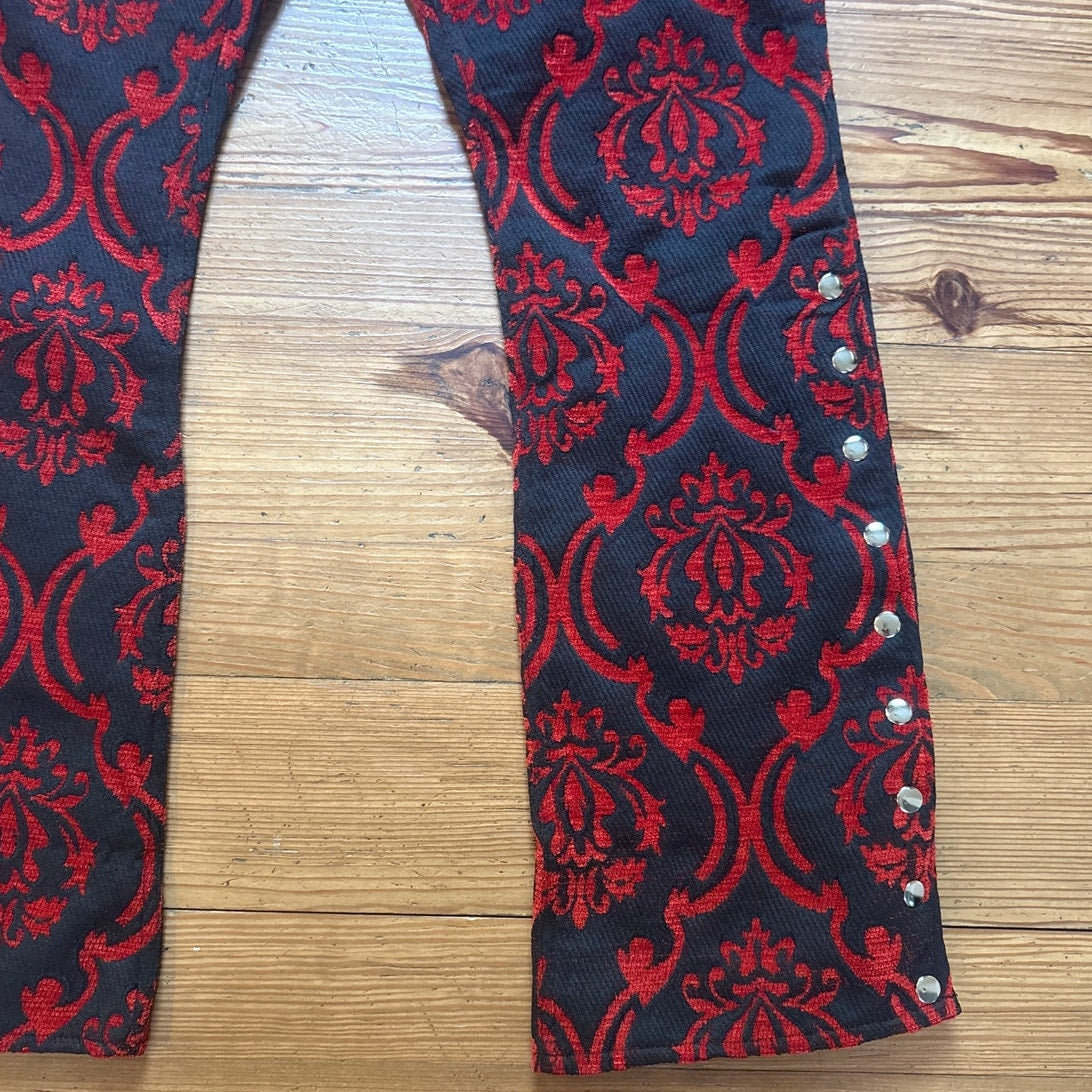 Dracula Clothing red brocade office snap bottom boot cut pants SIZE 38