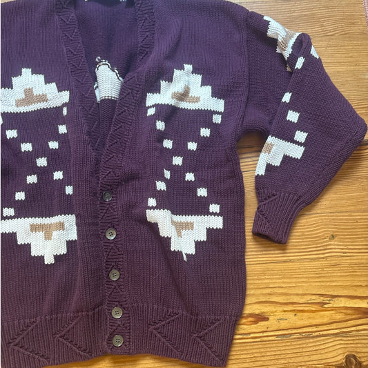 Henry Grethel red hand knit geometric western button cardigan sweater SIZE L