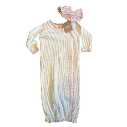 NWT Mudpie Baby white ribbed Hello World long sleeve bow sleep dress SIZE 0-3M