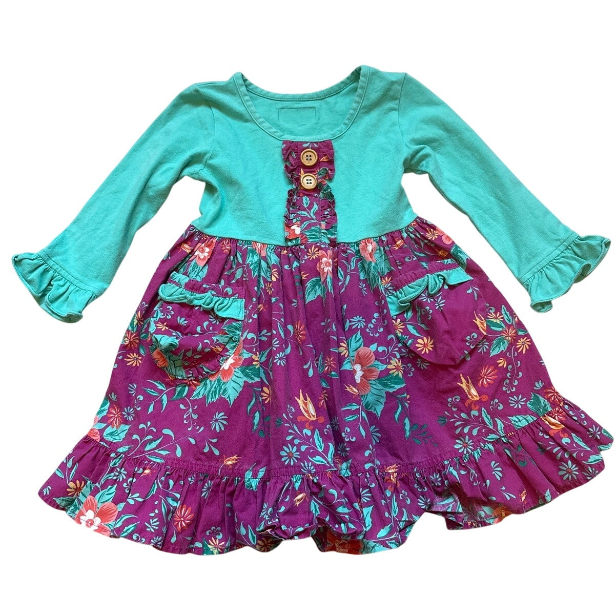 Eleanor Rose teal blue long sleeve purple floral ruffle fit flare dress SIZE 3/4