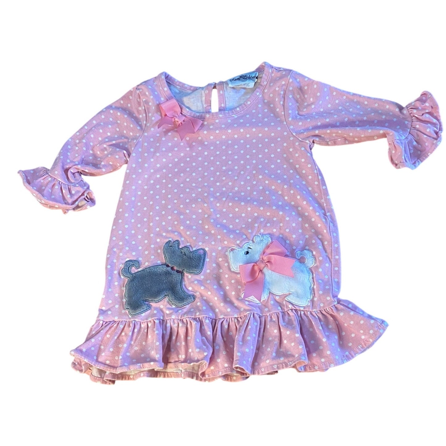 Rare Editions pink white polka dot ruffle sleeve dog embroidered shirt SIZE 4