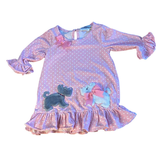 Rare Editions pink white polka dot ruffle sleeve dog embroidered shirt SIZE 4