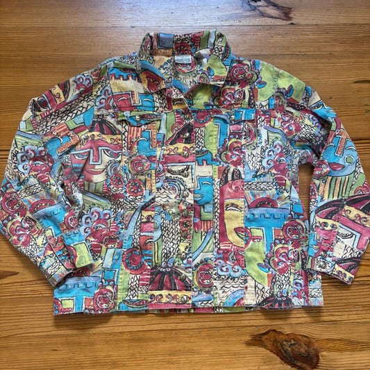 Chico's colorful abstract faces button up long sleeve linen women shirt SIZE 16