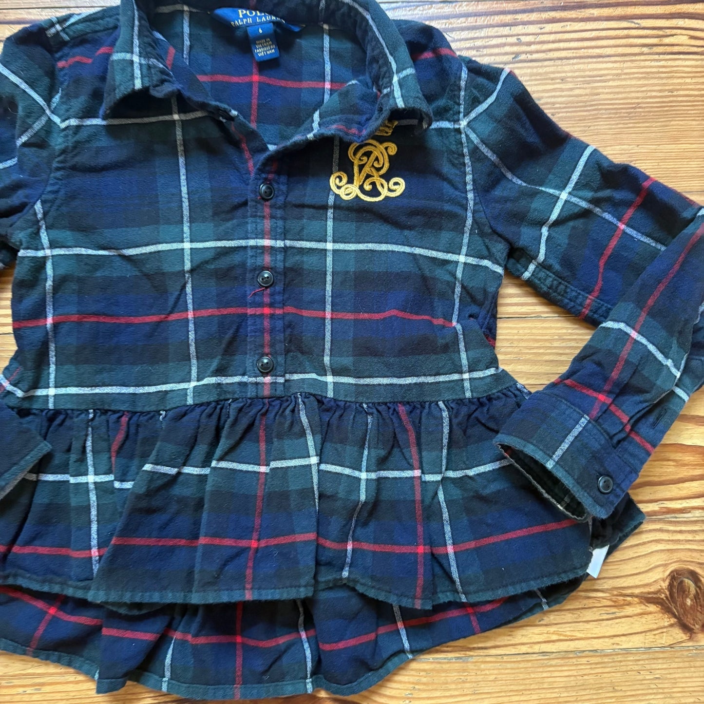 Polo Ralph Lauren blue plaid embroidered long sleeve peplum girls top SIZE 6