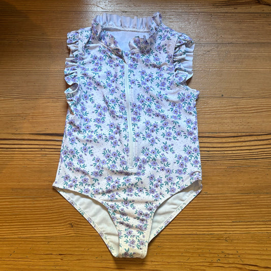 Shein white purple floral ruffle sleeve collar zip front swimsuit SIZE 7