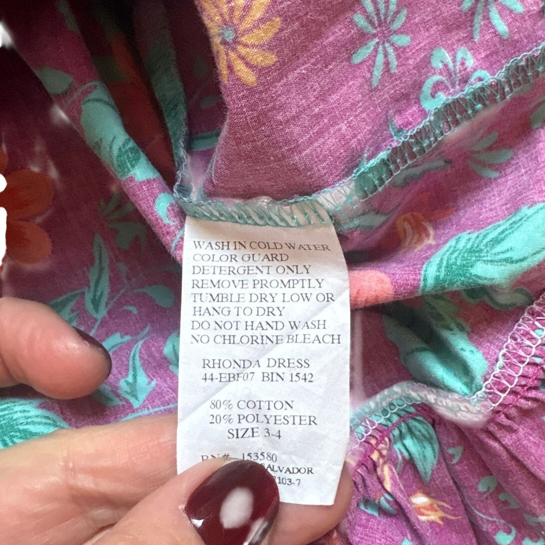 Eleanor Rose teal blue long sleeve purple floral ruffle fit flare dress SIZE 3/4