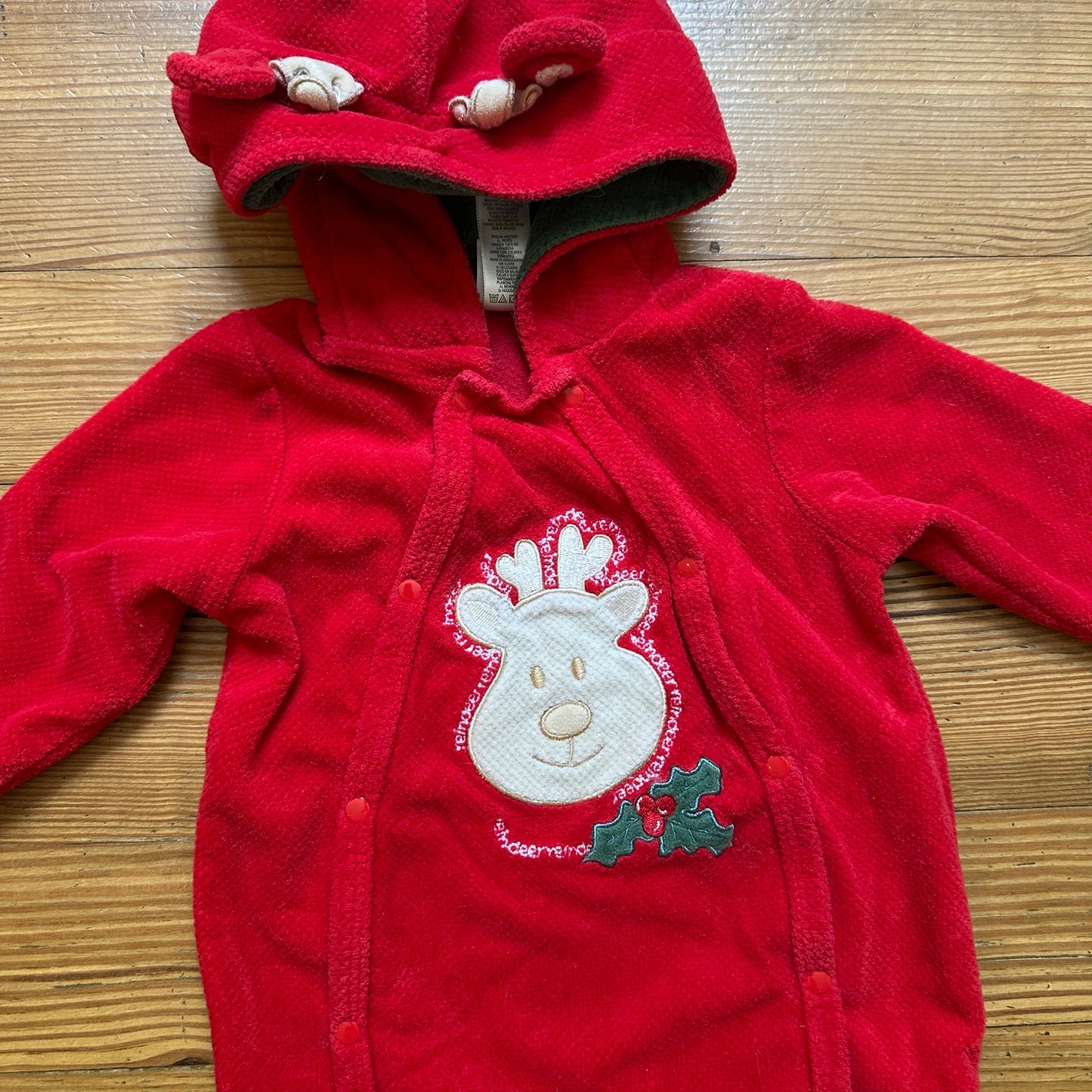 Little Me red fleece hooded Christmas reindeer snap one piece SIZE 9M