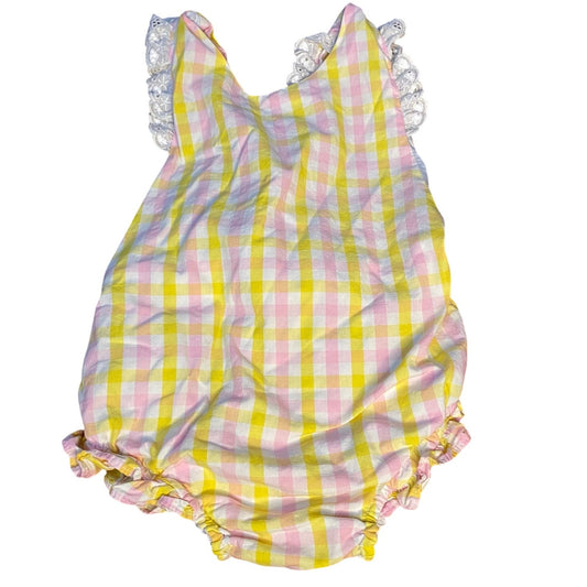 Pink yellow checkered ruffle lace hem cross bow back one piece swimsuit SIZE 3T