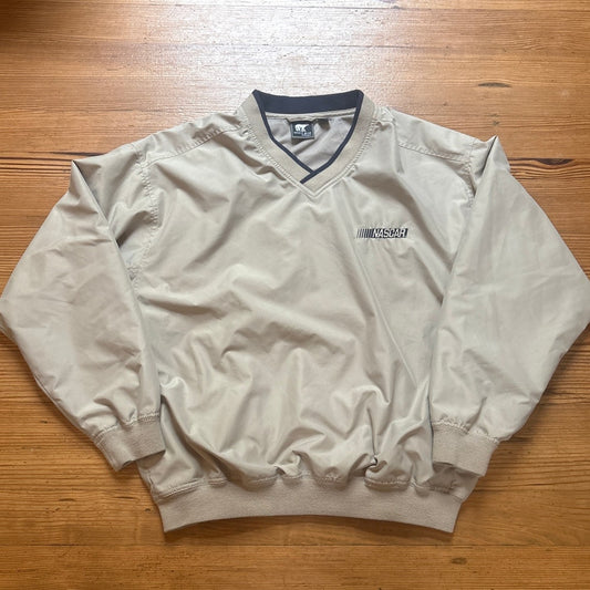 White Bear Clothing Nascar beige blue trim polyester pullover windbreaker SIZE L