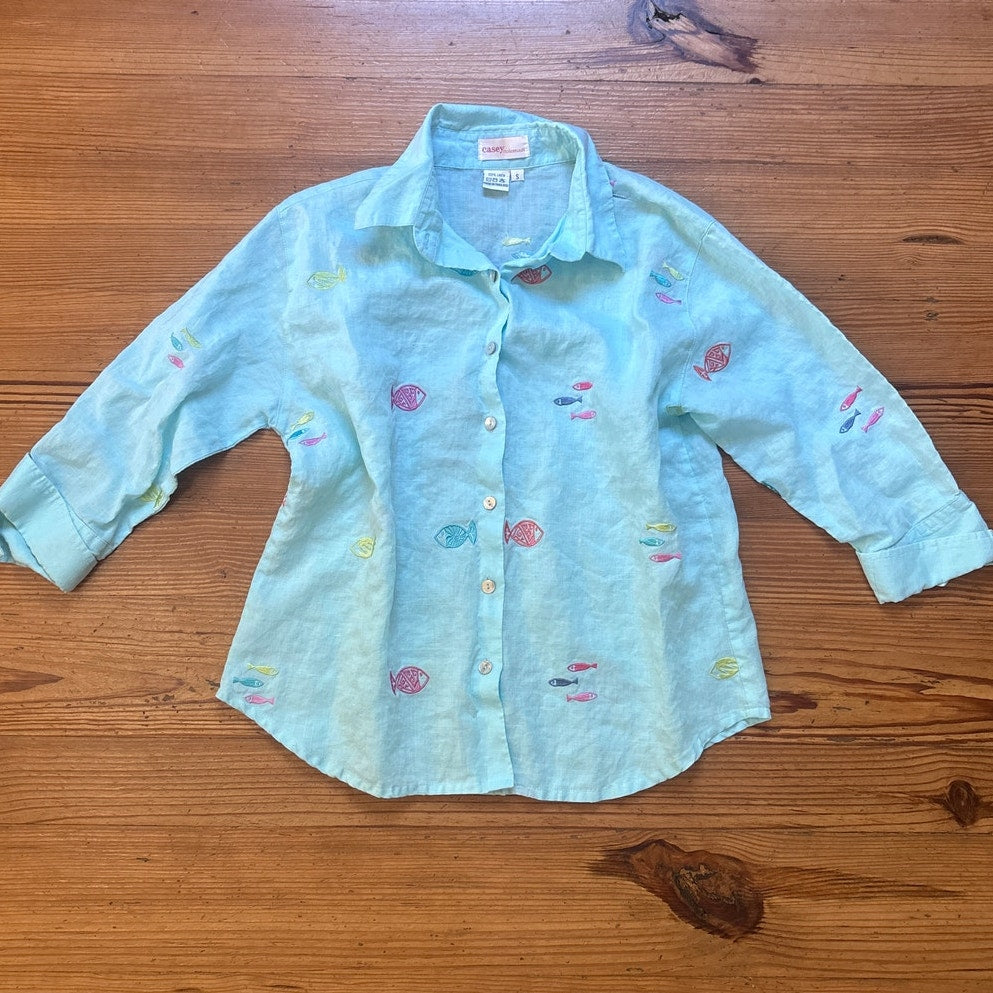 Casey Coleman blue linen fish embroidered button adjustable sleeve blouse SIZE S
