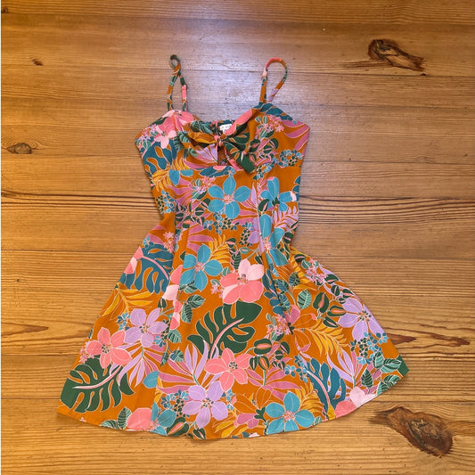 City Vibe orange floral peekaboo front adjustable skater fit flare dress SIZE M