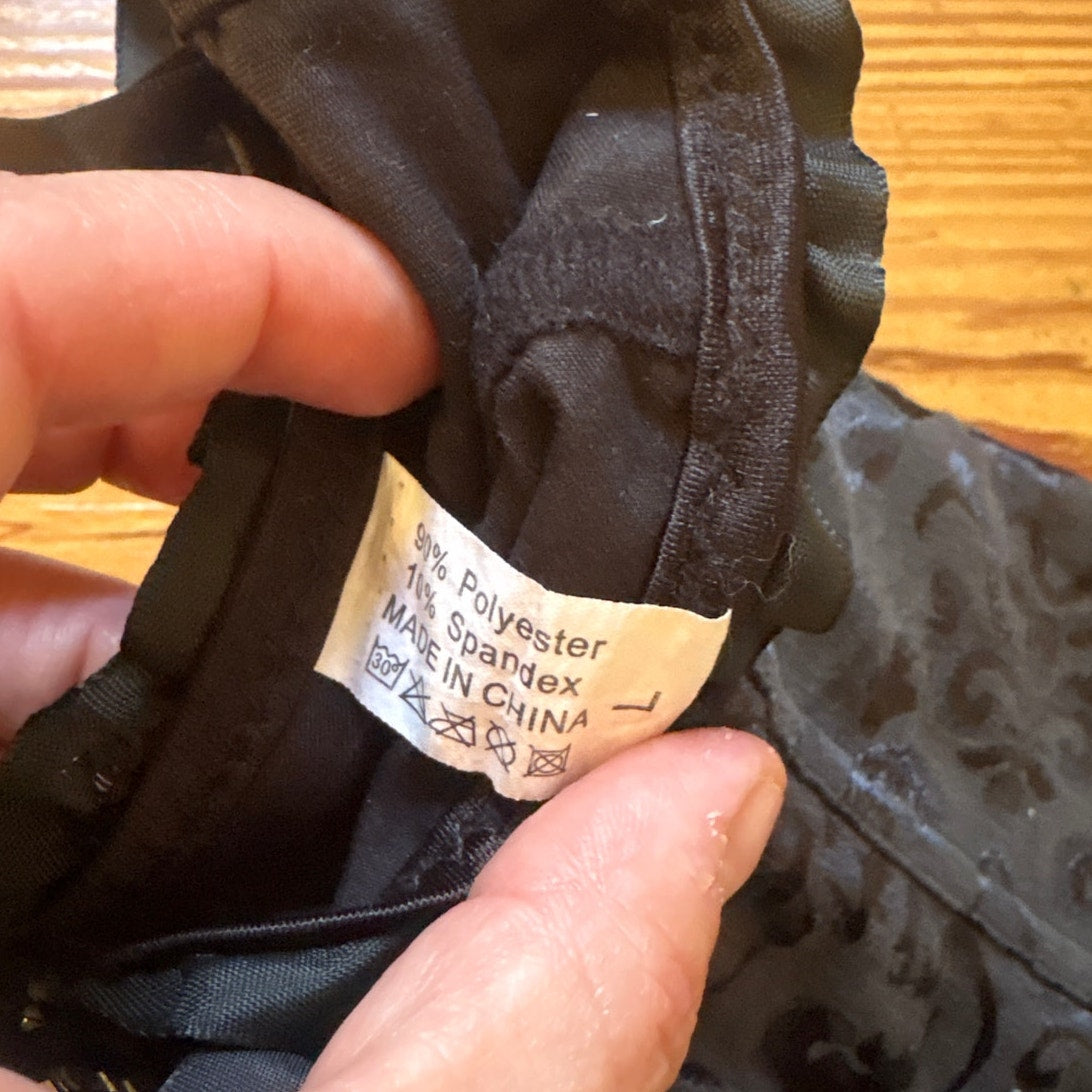 Black satin floral detail zip front lace back corset top SIZE L