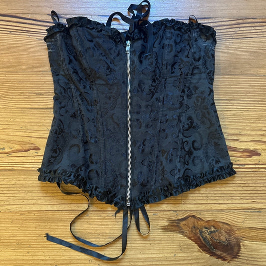 Black satin floral detail zip front lace back corset top SIZE L