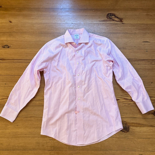 Brooks Brothers Regent pink white checkered mens button dress shirt SIZE 15.5
