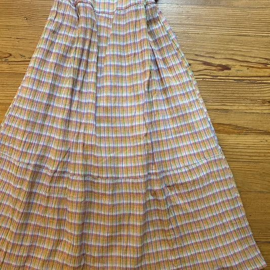 Loft colorful plaid print ruffle accent gauzy midi dress SIZE M