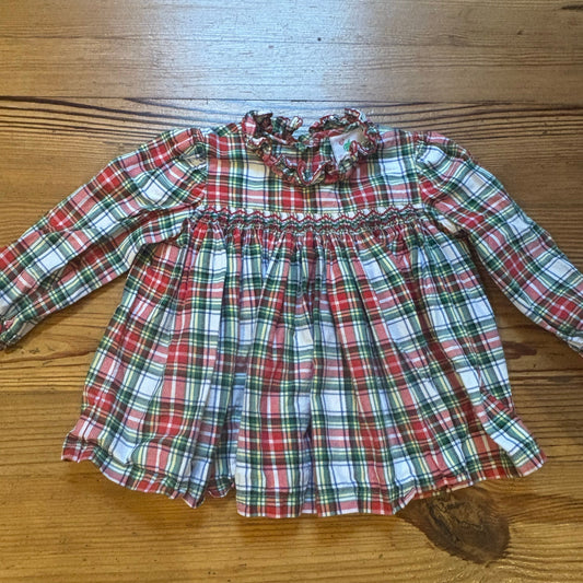 Shrimp & Grits red white checkered holiday long sleeve smocked girls top SIZE 5
