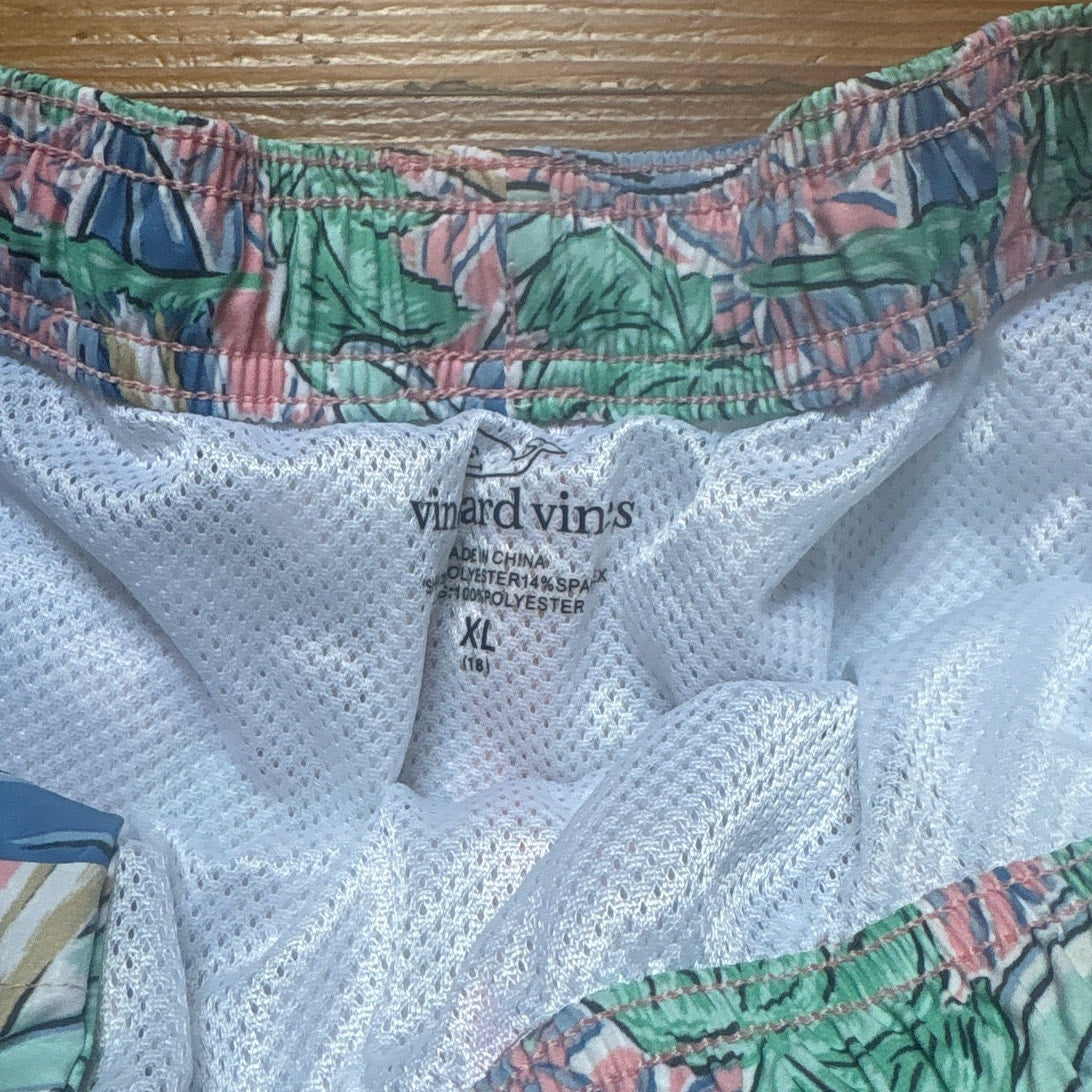 Vineyard Vines Chappy blue pink pastel surfboard palm tree swim trunks SIZE XL