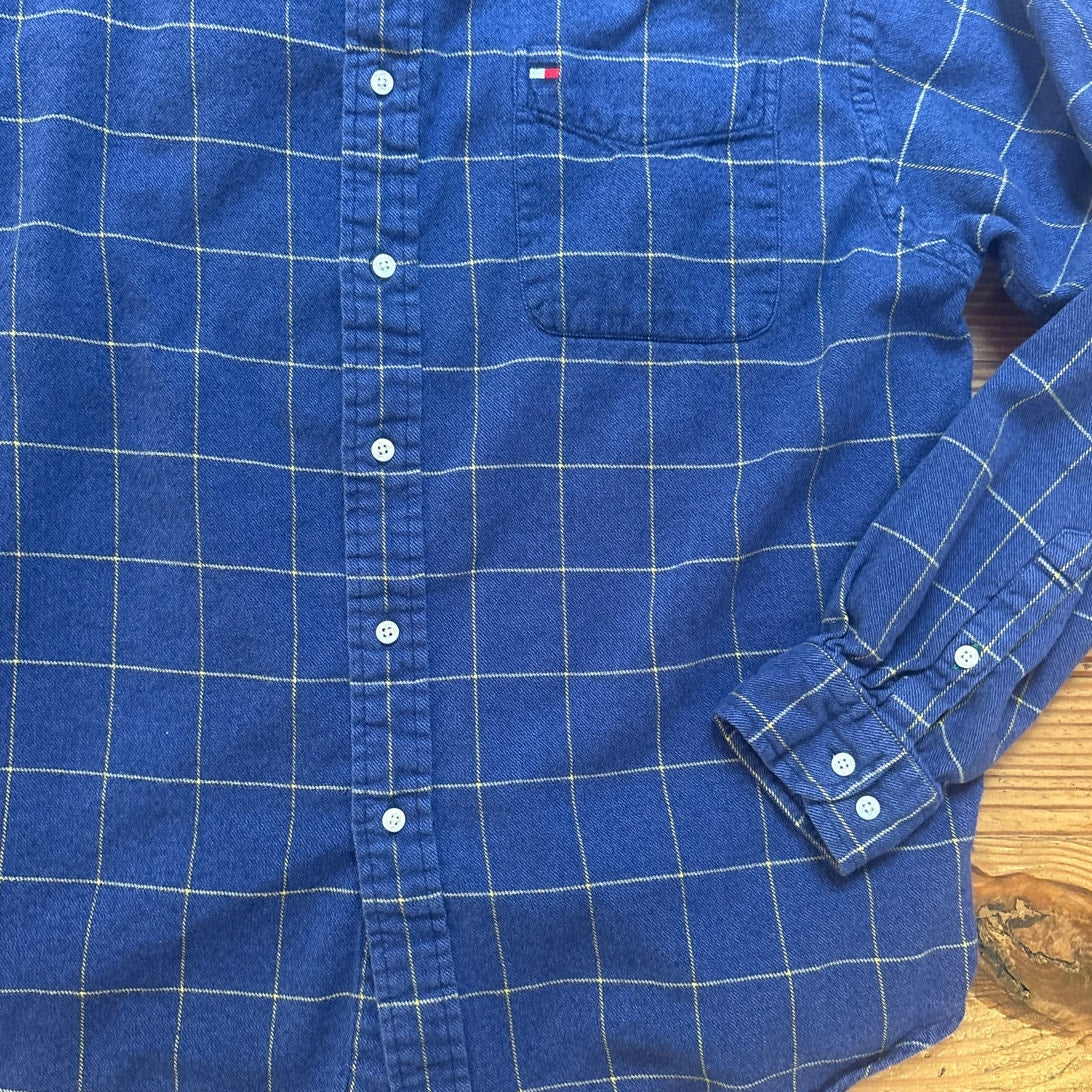 VTG Tommy Hilfiger blue plaid cotton long sleeve button up mens shirt SIZE L