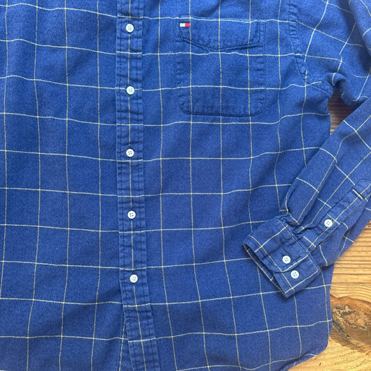 VTG Tommy Hilfiger blue plaid cotton long sleeve button up mens shirt SIZE L