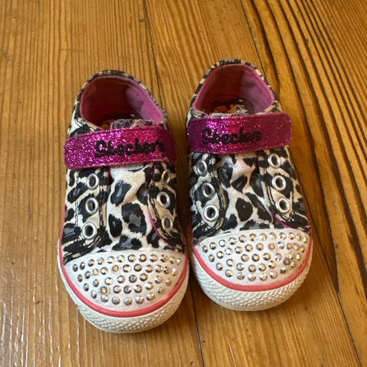 Skechers Twinkle Toes cheetah pink glitter canvas light up sneakers SIZE 5