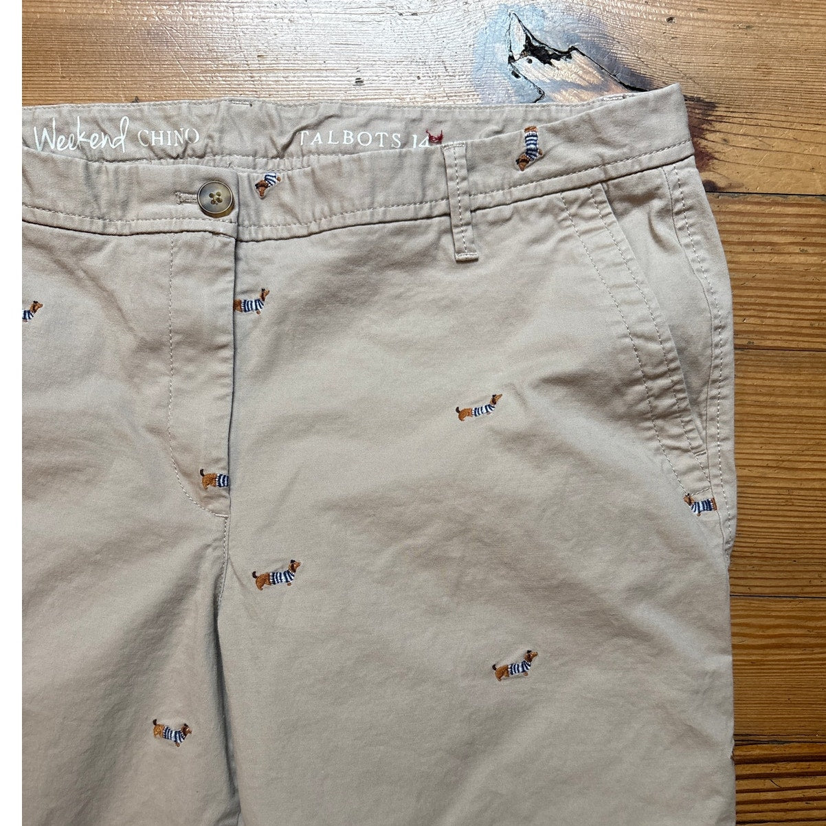 Talbots beige Weekend Chino dachshund embroidered pants SIZE 14