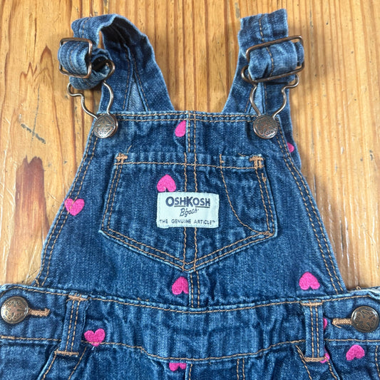OshKosh B'gosh blue jean pink heart embroidered baby overalls SIZE 6M
