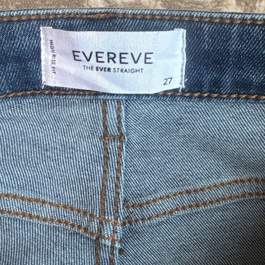 Evereve medium wash high rise straight leg raw hem button fly jeans SIZE 27