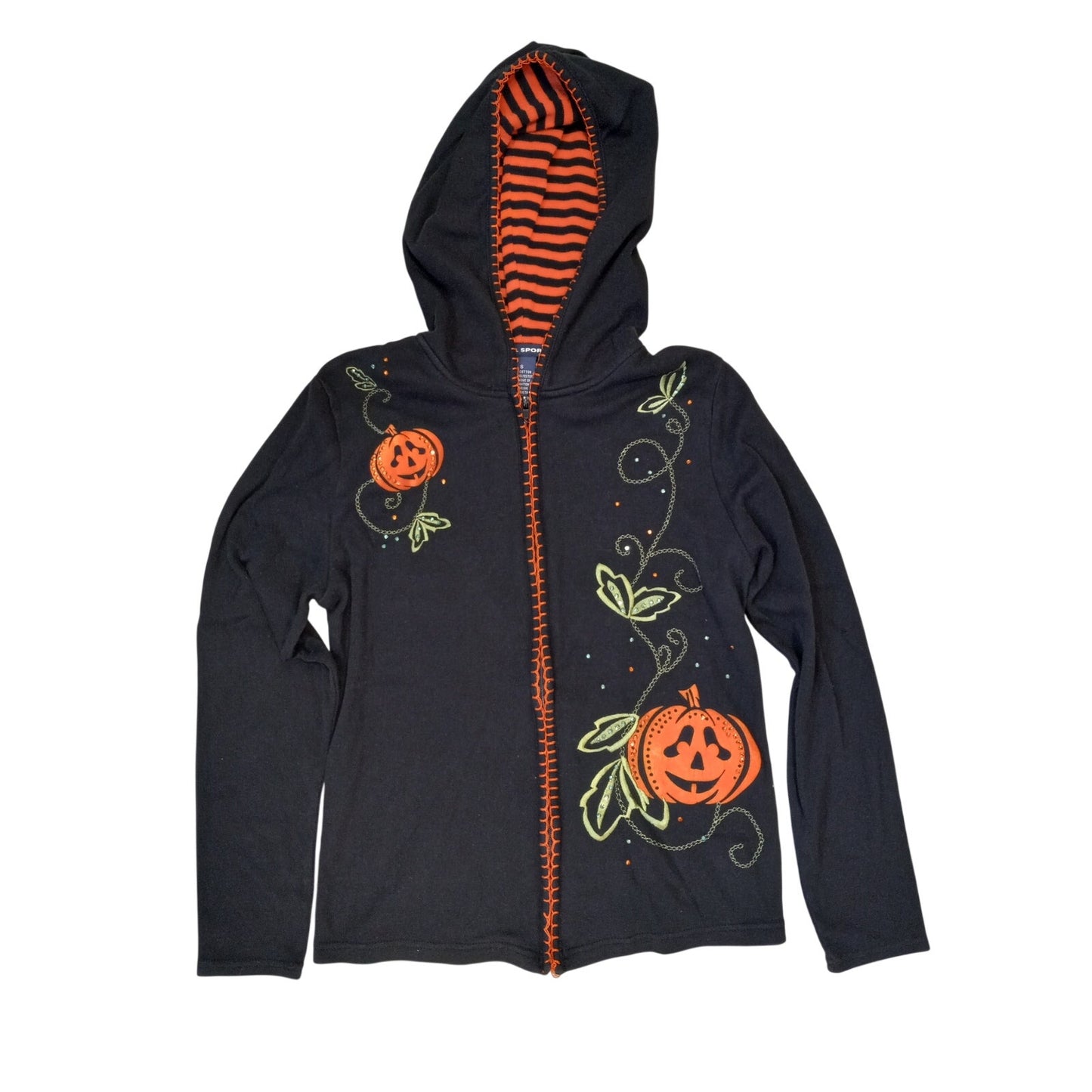 SML Sport black pumpkin Halloween full zip hooded cardigan sweater SIZE S