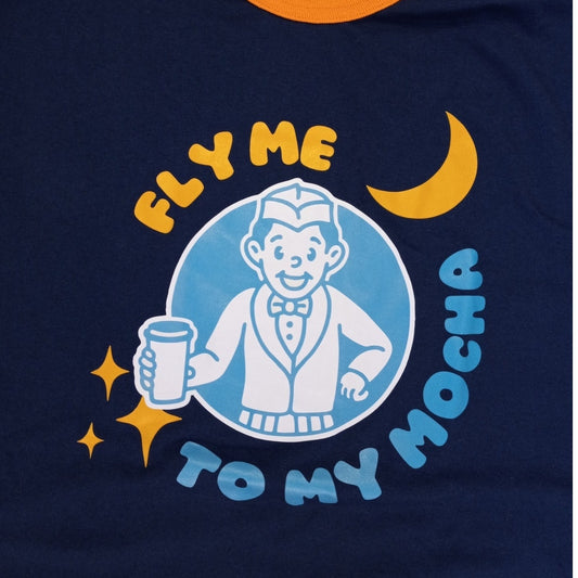 Fly Me To the Mocha coffee dark blue graphic short sleeve shirt SIZE L