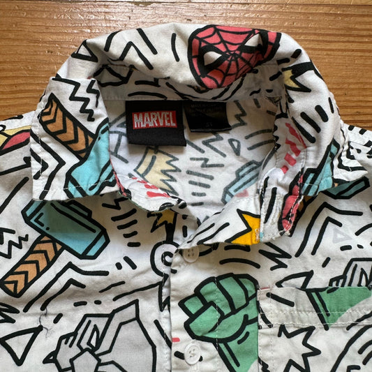 Marvel white character pop art short sleeve button up shirt SIZE 3T