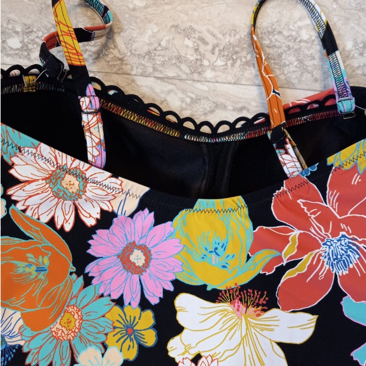 NWT Gottex Rising Sun black colorful floral one piece swimsuit dress SIZE 10