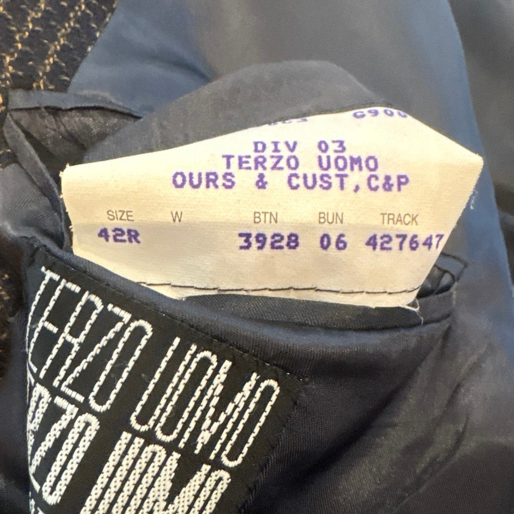 Terzo Uomo vintage dark blue brown tweed mens double button sport coat SIZE 42R