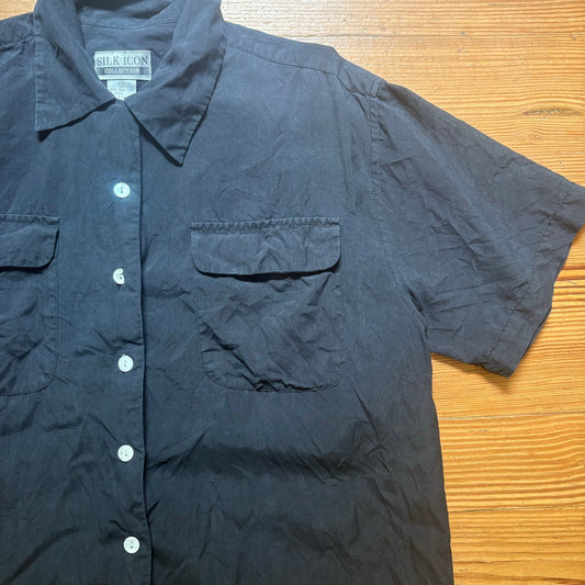 Silk Icon black short sleeve two pocket button up silk mens shirt SIZE S