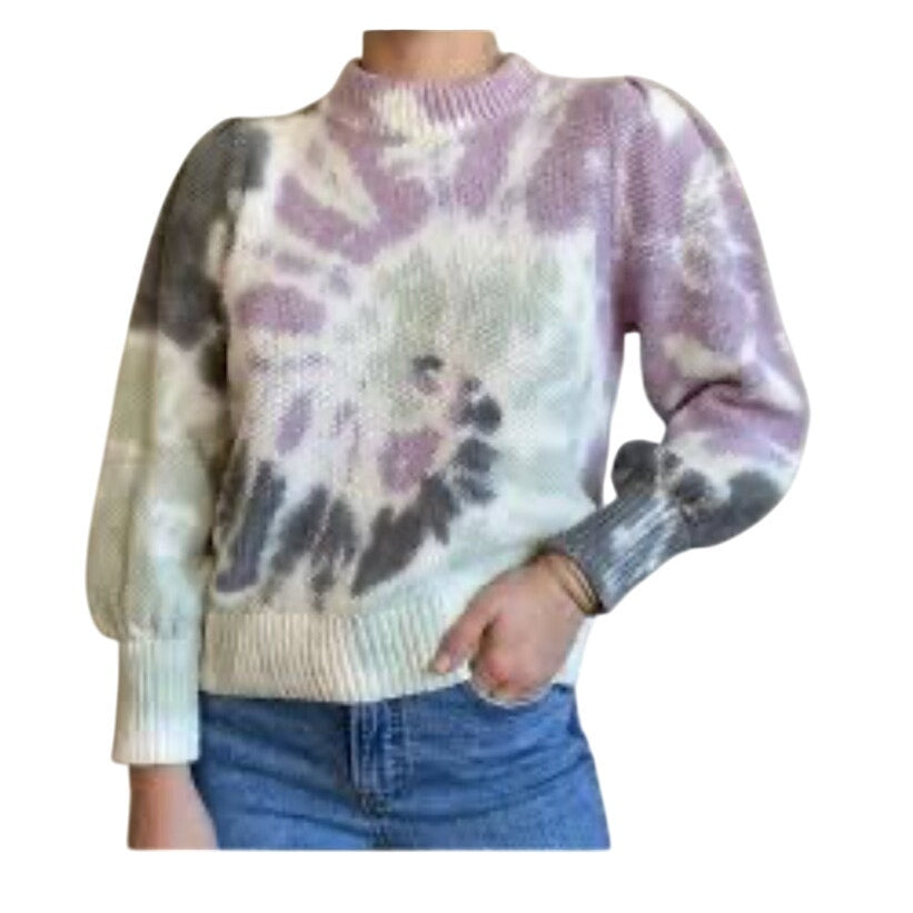 Madewell white purple green tie dyed knit puff sleeve mock neck sweater SIZE S