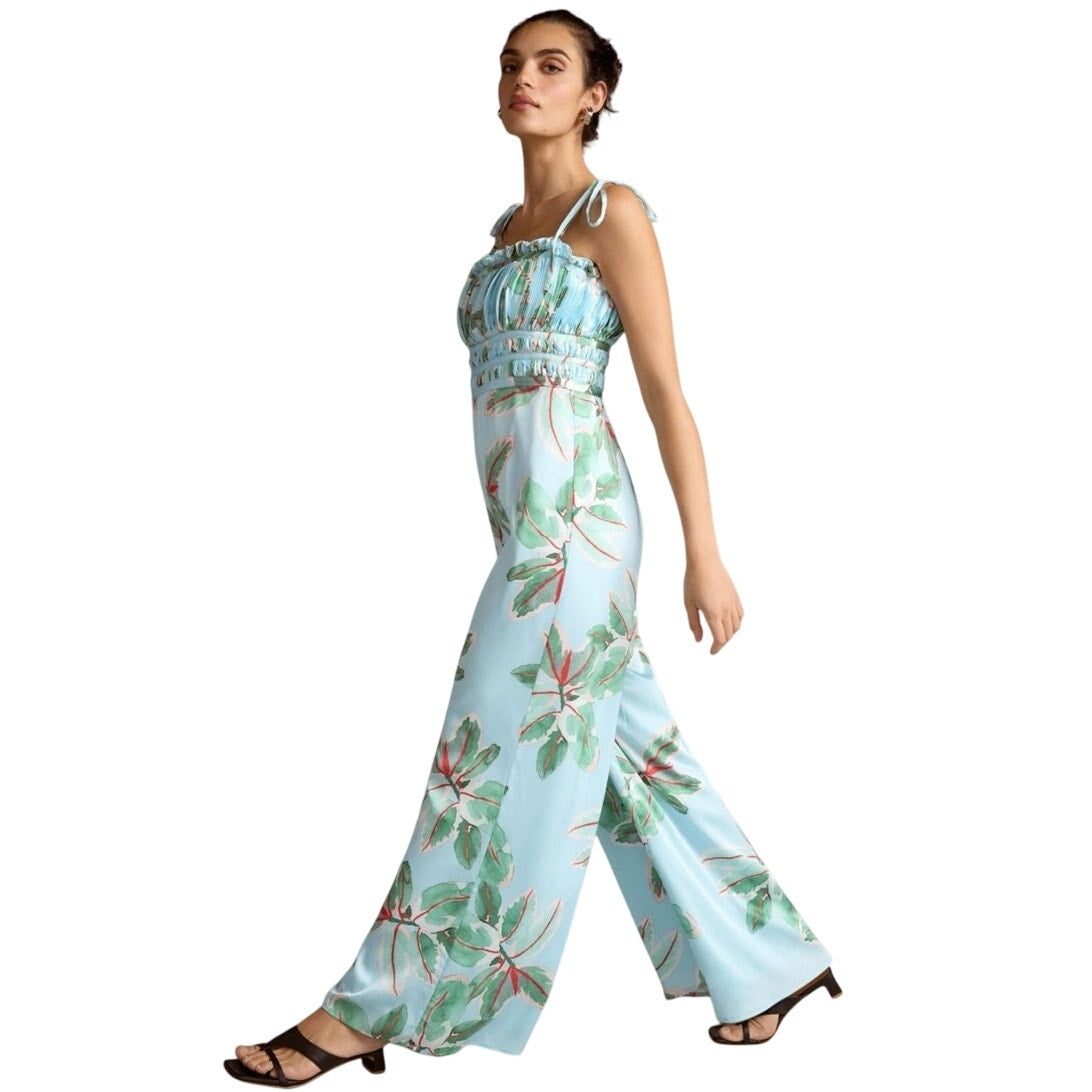 Anthropologie Hutch blue floral tropical resort ruched wide leg jumpsuit SIZE 4