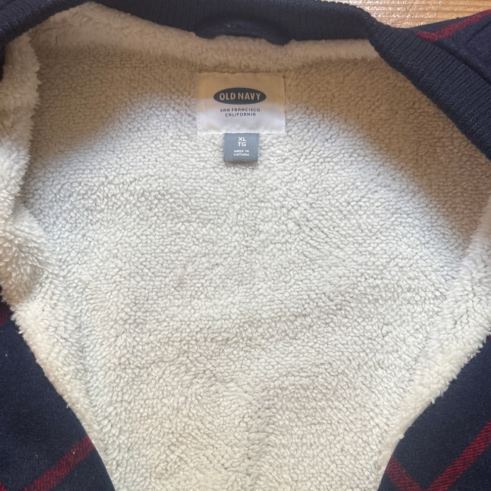 Old Navy blue red plaid wool blend fleece sherpa lined zip bomber jacket SIZE XL