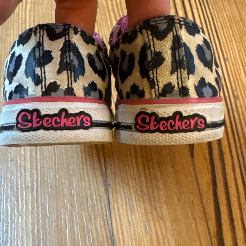 Skechers Twinkle Toes cheetah pink glitter canvas light up sneakers SIZE 5