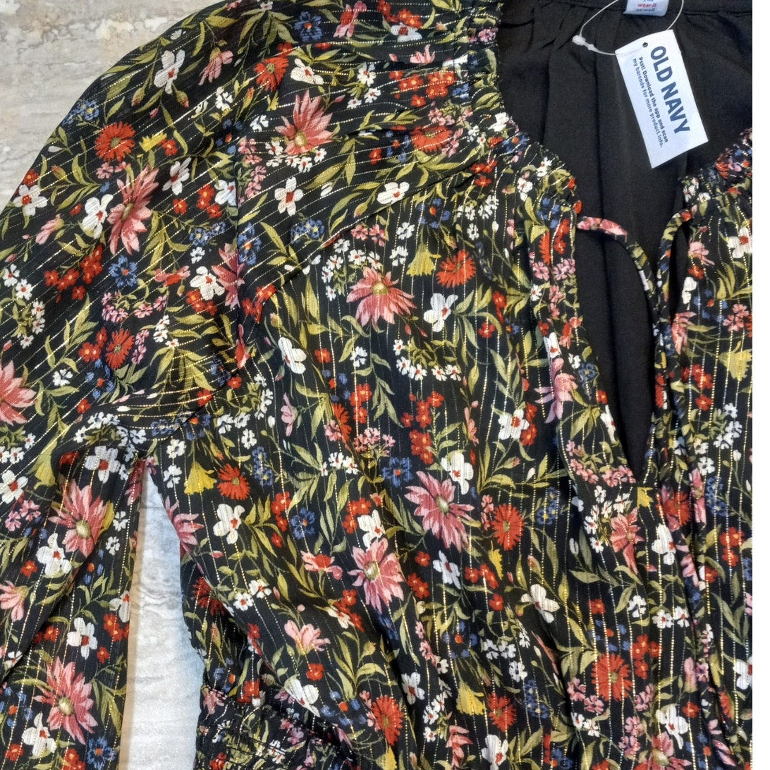 NWT Old Navy black floral print ruched waist long puff sleeve mini dress SIZE XL
