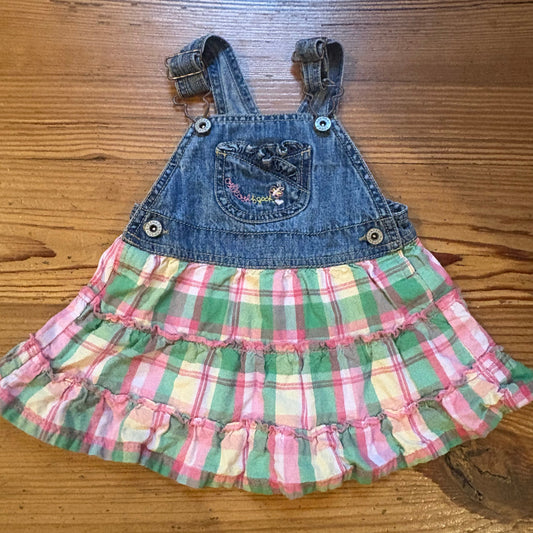 OshKosh B'gosh 90s blue jean pink green plaid baby overall ruffle skirt SIZE 12M