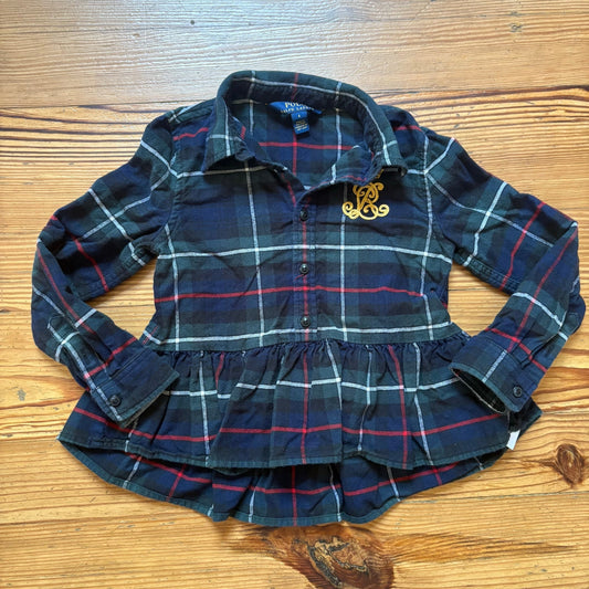 Polo Ralph Lauren blue plaid embroidered long sleeve peplum girls top SIZE 6
