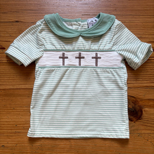 Simply 21 green white striped cross collar short sleeve boys shirt SIZE 2T